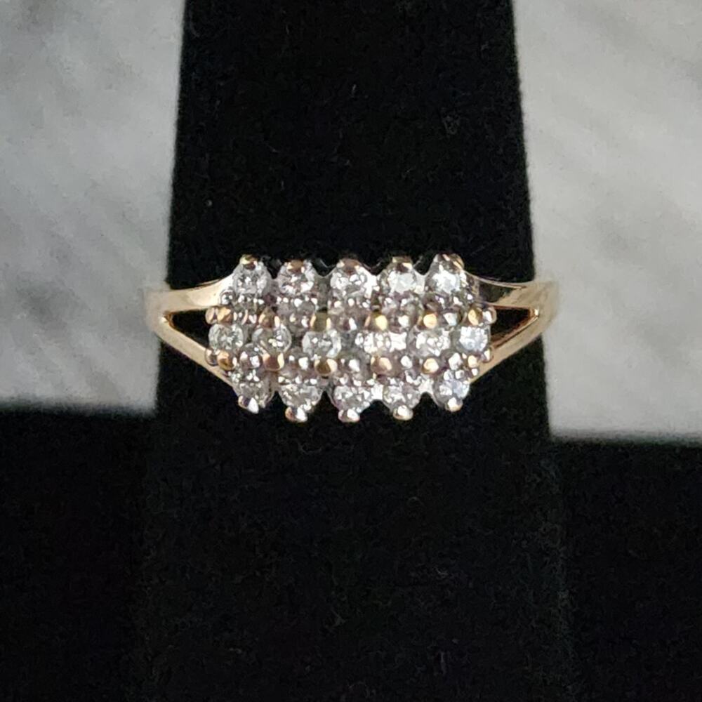 14K Fine Yellow Gold Diamond Cluster 3 Tier Open Work Accent Ring - Picture 1 of 14